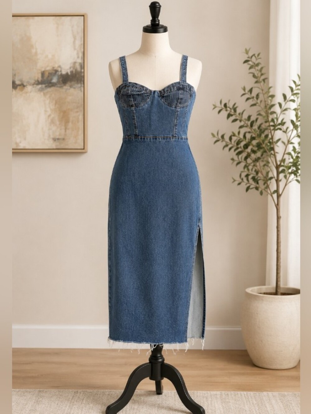 Denim Bustier Midi Dress with Side Slit - Blue